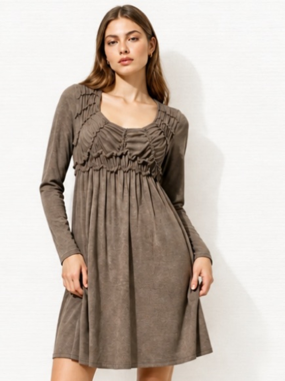 MYSTREE Dress Empire Puckered Brown Tucked Boho Scoop